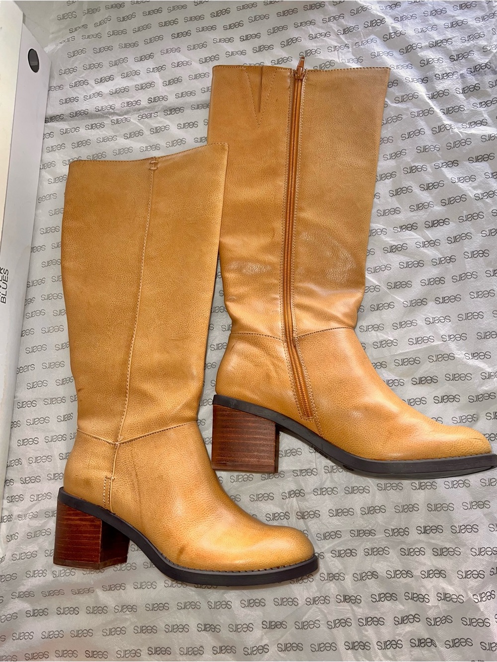 Sears Tan Leather Mid-Calf Block Heel Boots